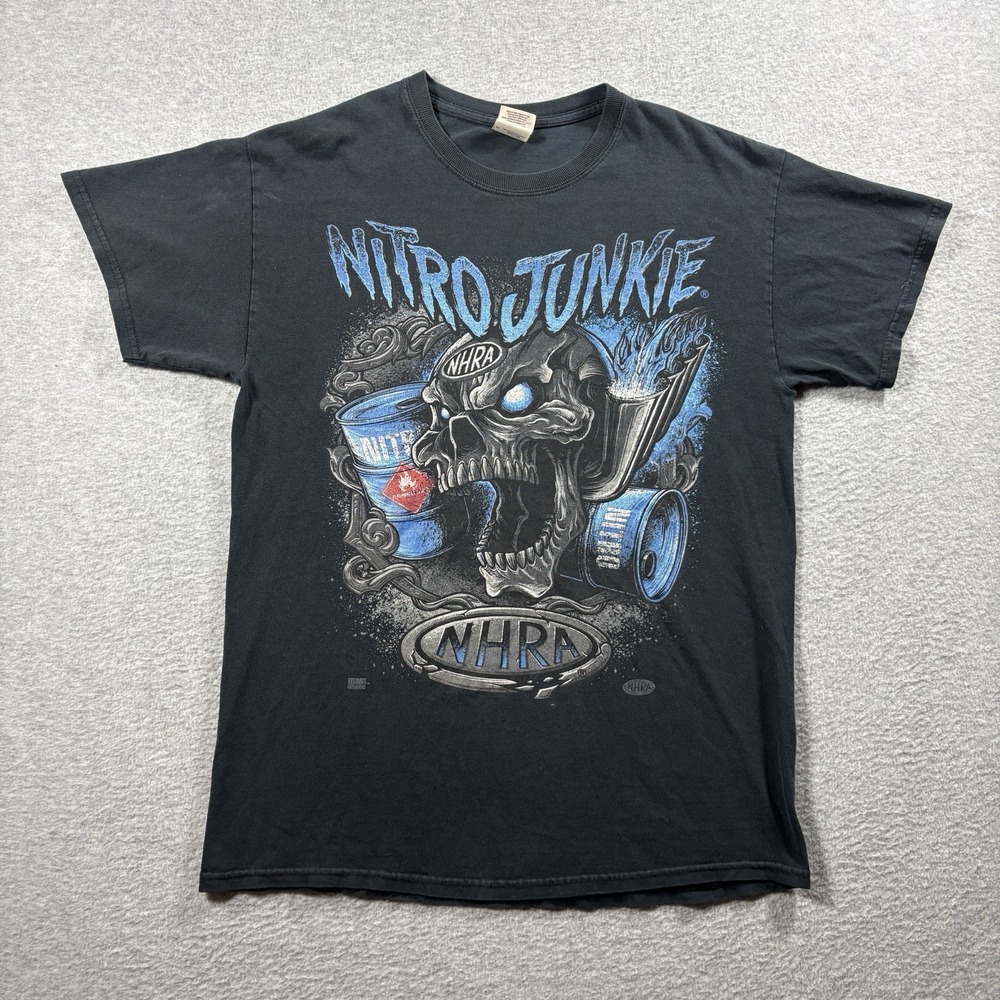 VTG NHRA Nitro Junkie Drag Racing T Shirt Mens Size M Black Skull Graphic Y2K